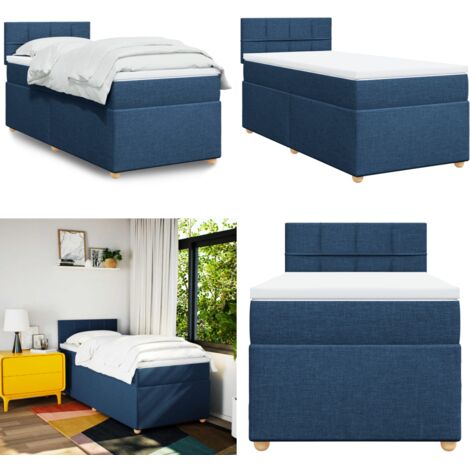 Cama box spring con colchón tela azul 90x200 cm - Colchón de muelles ensacados - Soporte de cama