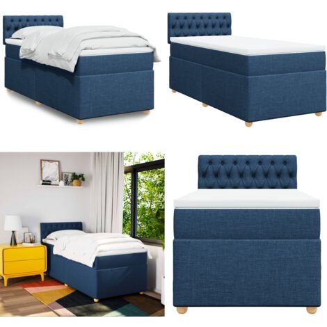 Cama box spring con colchón tela azul 90x200 cm - Colchón de muelles ensacados - Soporte de cama