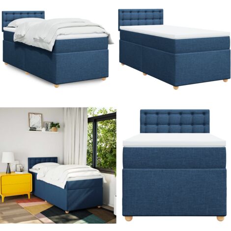 Cama box spring con colchón tela azul 90x200 cm - Colchón de muelles ensacados - Soporte de cama