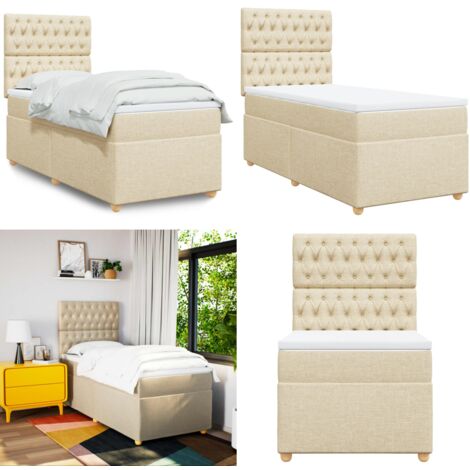 Cama box spring con colchón tela color crema 100x200 cm - Colchón de muelles - Cama con cabecero