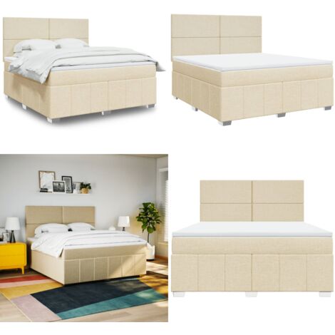 Cama box spring con colchón tela color crema 180x200 cm - Colchón de muelles - Cama con cabecero