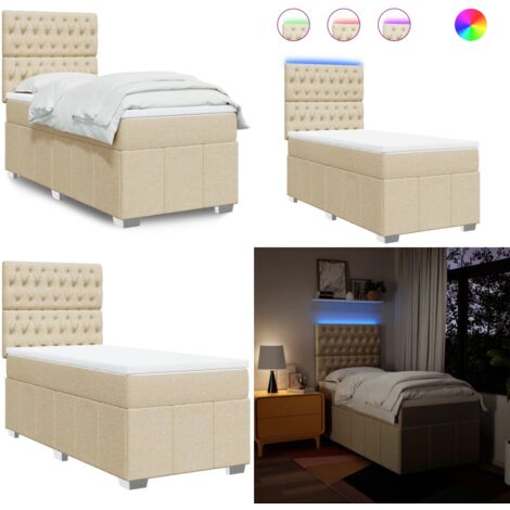 Cama box spring con colchón tela color crema 80x200 cm - Colchón de muelles ensacados - Cama con luz LED