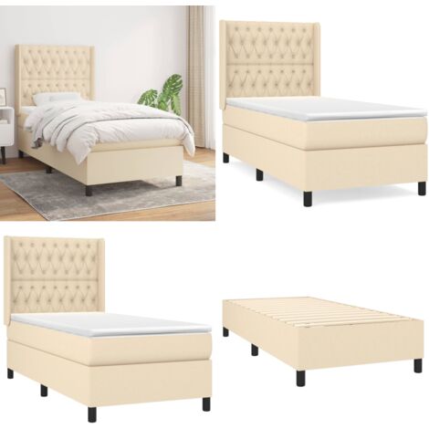 Cama box spring con colchón tela color crema 90x190 cm - Colchón de muelles - Cama de muelles