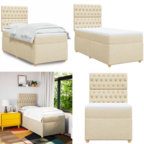 Cama box spring con colchón tela color crema 90x190 cm - Colchón de muelles ensacados - Cama con cabecero