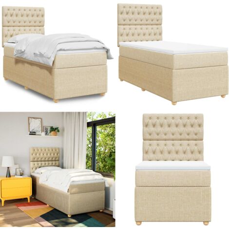 Cama box spring con colchón tela color crema 90x190 cm - Colchón de muelles ensacados - Cama con cabecero ajustable