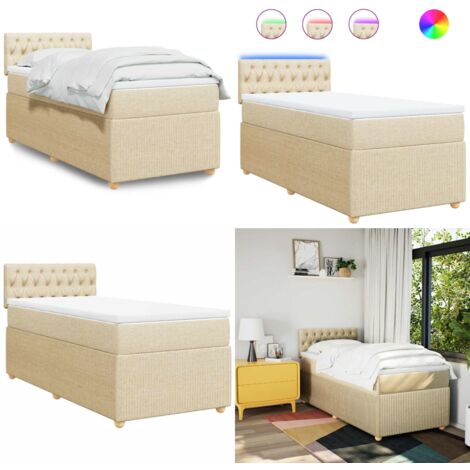 Cama box spring con colchón tela color crema 90x190 cm - Colchón de muelles ensacados - Cama con luz LED