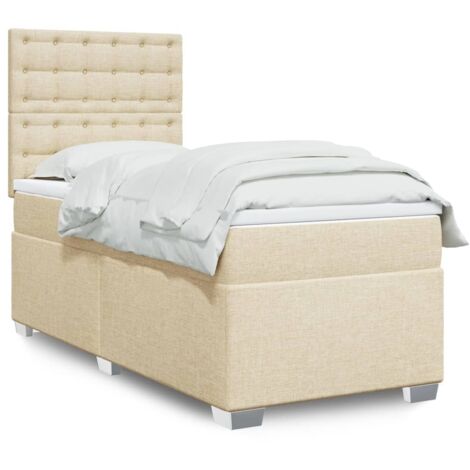 Cama box spring con colchón tela color crema 90x200 cm