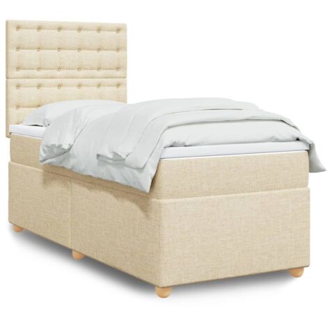 Cama box spring con colchón tela color crema 90x200 cm