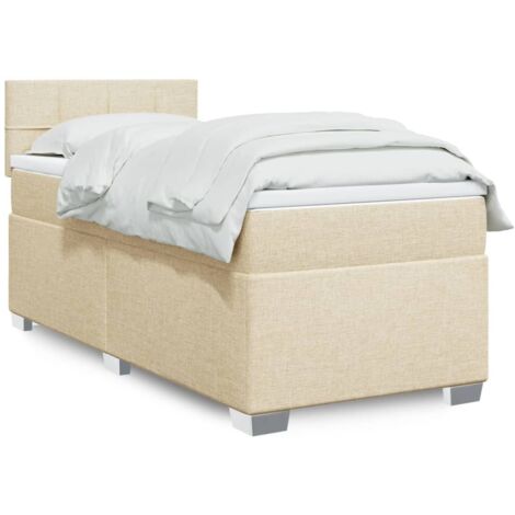 Cama box spring con colchón tela color crema 90x200 cm