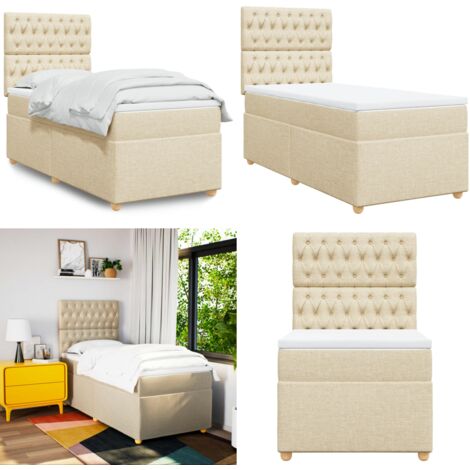 Cama box spring con colchón tela color crema 90x200 cm - Colchón de muelles ensacados - Cama con cabecero ajustable