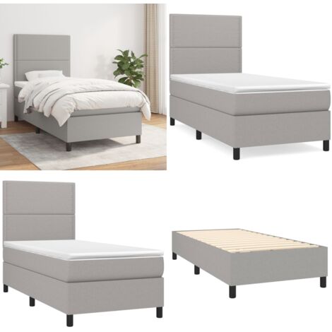 Cama box spring con colchón tela gris claro 100x200 cm - Colchón de muelles - Cama de muelles
