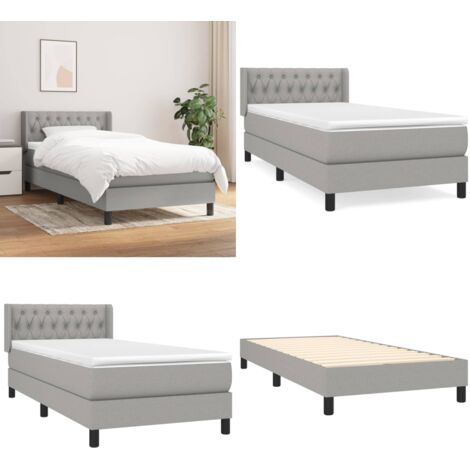 Cama box spring con colchón tela gris claro 100x200 cm - Colchón de muelles ensacados - Cabecero ajustable