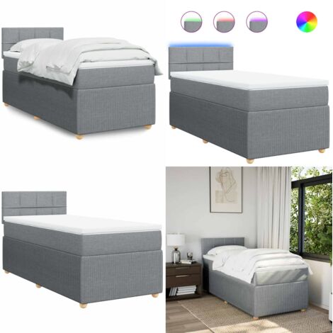 Cama box spring con colchón tela gris claro 100x200 cm - Colchón de muelles ensacados - Cama con luces LED
