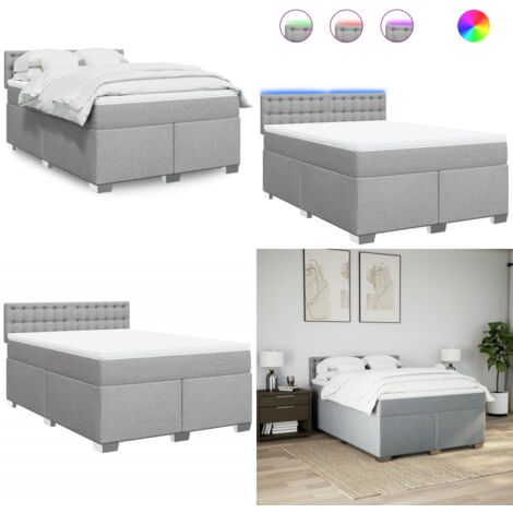 Cama box spring con colchón tela gris claro 140x200 cm - Colchón de muelles ensacados - Cama con luz LED