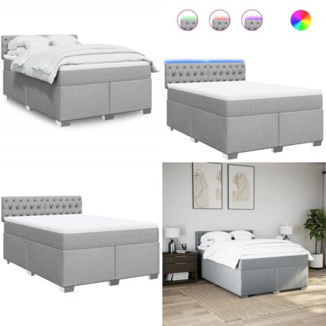 Cama box spring con colchón tela gris claro 140x200 cm - Colchón de muelles ensacados - Cama con luz LED