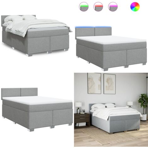 Cama box spring con colchón tela gris claro 140x200 cm - Colchón de muelles ensacados - Cama con luz LED