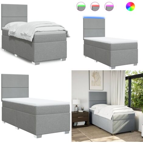 Cama box spring con colchón tela gris claro 80x200 cm - Colchón de muelles ensacados - Cama con luz LED
