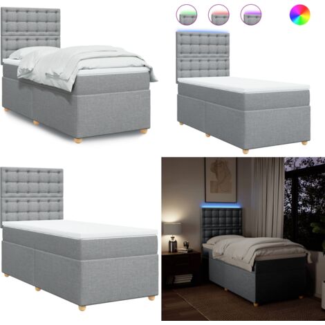 Cama box spring con colchón tela gris claro 90x190 cm - Colchón de muelles ensacados - Cama con luz LED
