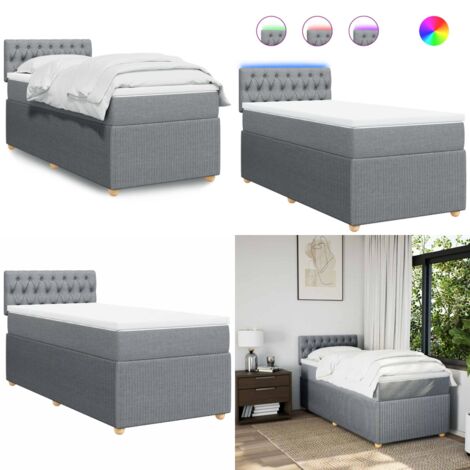 Cama box spring con colchón tela gris claro 90x190 cm - Colchón de muelles ensacados - Cama con luz LED