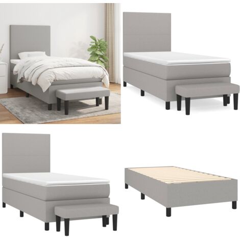 Cama box spring con colchón tela gris claro 90x200 cm - Colchón de muelles - Cama con cabecero ajustable