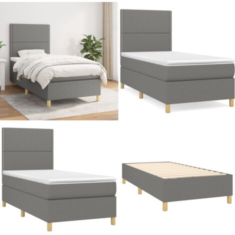 Cama box spring con colchón tela gris oscuro 90x190 cm - Colchón de muelles - Cama de muelles