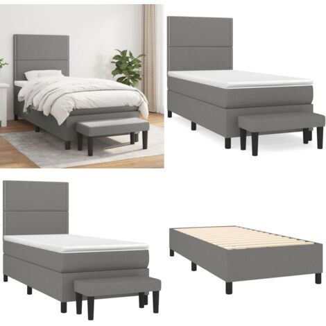 Cama box spring con colchón tela gris oscuro 90x200 cm - Colchón de muelles - Cama con cabecero ajustable