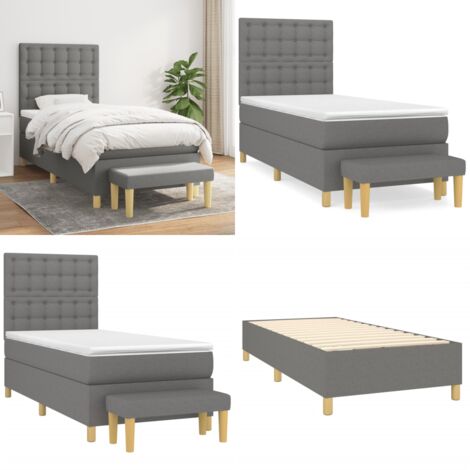 Cama box spring con colchón tela gris oscuro 90x200 cm - Colchón de muelles - Cama con cabecero ajustable