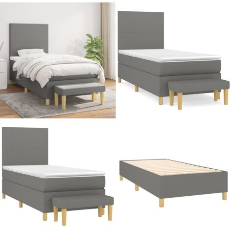 Cama box spring con colchón tela gris oscuro 90x200 cm - Colchón de muelles - Cama con cabecero ajustable
