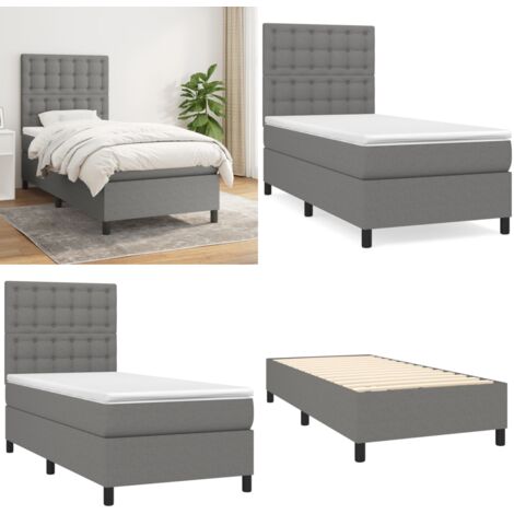 Cama box spring con colchón tela gris oscuro 90x200 cm - Colchón de muelles - Cama de muelles