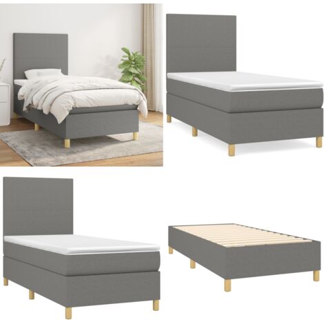 Cama box spring con colchón tela gris oscuro 90x200 cm - Colchón de muelles - Cama de muelles