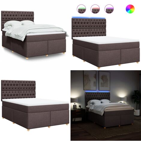Cama box spring con colchón tela marrón oscuro 140x190 cm - Colchón de muelles ensacados - Cama con luz LED