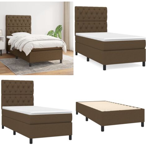 Cama box spring con colchón tela marrón oscuro 80x200 cm - Colchón de muelles ensacados - Cama con cabecero ajustable