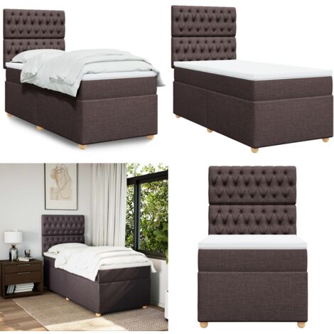Cama box spring con colchón tela marrón oscuro 90x200 cm - Colchón de muelles - Cama con cabecero