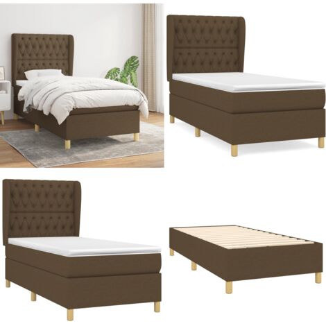 Cama box spring con colchón tela marrón oscuro 90x200 cm - Colchón de muelles - Cama de muelles