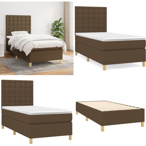 Cama box spring con colchón tela marrón oscuro 90x200 cm - Colchón de muelles - Cama de muelles