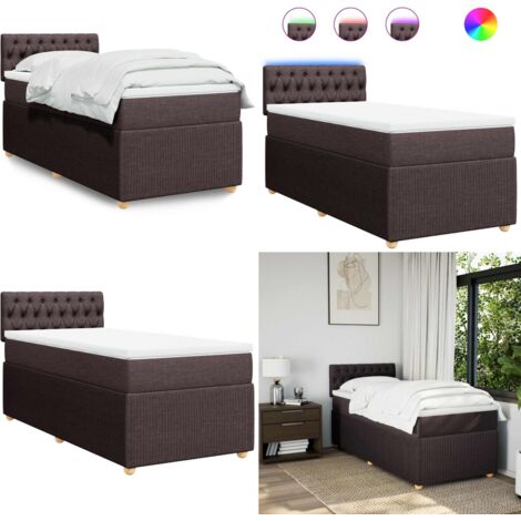Cama box spring con colchón tela marrón oscuro 90x200 cm - Colchón de muelles ensacados - Cama con luces LED
