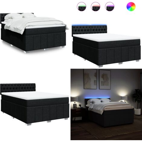 Cama box spring con colchón tela negro 140x200 cm - Colchón de muelles ensacados - Cama con luz LED