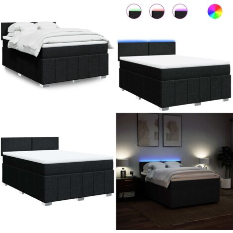 Cama box spring con colchón tela negro 140x200 cm - Colchón de muelles ensacados - Cama con luz LED