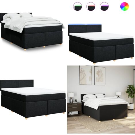Cama box spring con colchón tela negro 140x200 cm - Colchón de muelles ensacados - Cama con luz LED