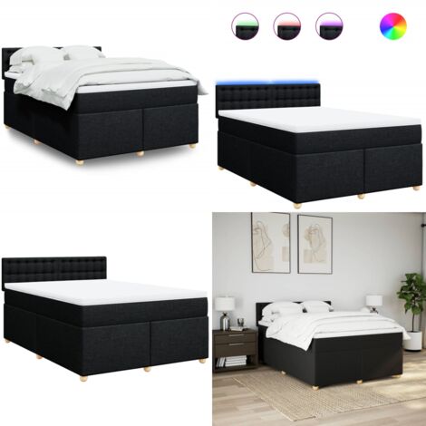 Cama box spring con colchón tela negro 140x200 cm - Colchón de muelles ensacados - Cama con luz LED