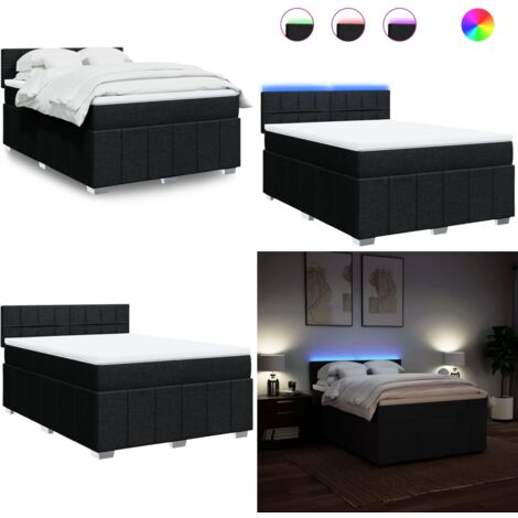 Cama box spring con colchón tela negro 140x200 cm - Colchón de muelles ensacados - Cama con luz LED