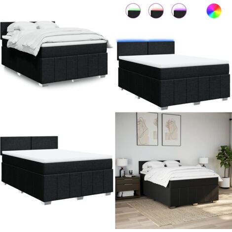 Cama box spring con colchón tela negro 160x200 cm - Colchón de muelles - Cama con luz LED