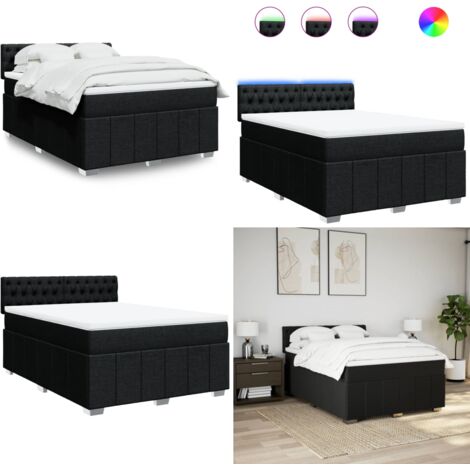 Cama box spring con colchón tela negro 160x200 cm - Colchón de muelles - Cama con luz LED