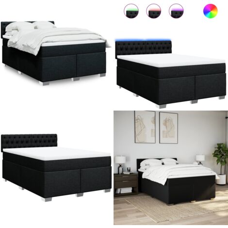 Cama box spring con colchón tela negro 160x200 cm - Colchón de muelles ensacados - Cama con luz LED