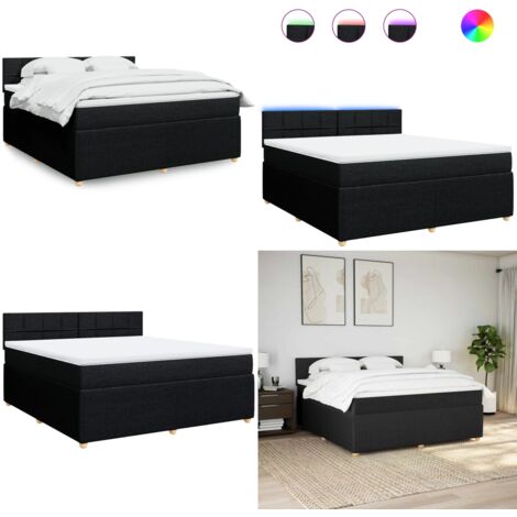 Cama box spring con colchón tela negro 180x200 cm - Cama de muelles ensacados - Cama con luces LED