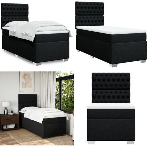 Cama box spring con colchón tela negro 90x190 cm - Colchón de muelles ensacados - Cama con cabecero ajustable