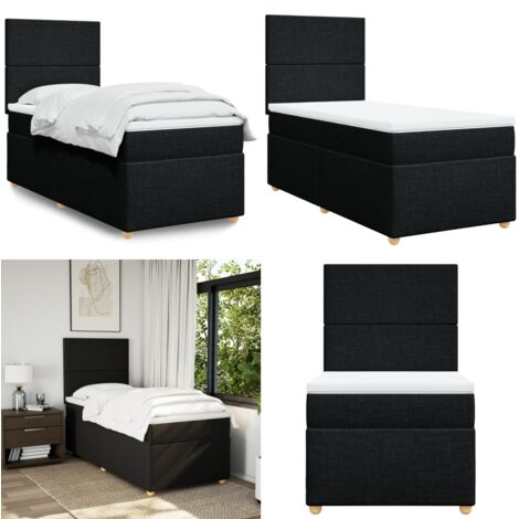 Cama box spring con colchón tela negro 90x190 cm - Colchón de muelles ensacados - Cama con cabecero ajustable
