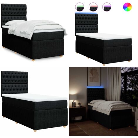 Cama box spring con colchón tela negro 90x200 cm - Cama de muelles ensacados - Cama con luz LED