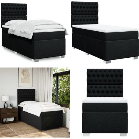 Cama box spring con colchón tela negro 90x200 cm - Colchón de muelles - Cama con cabecero