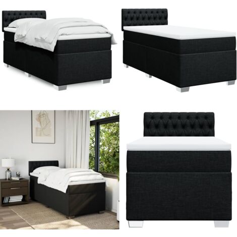 Cama box spring con colchón tela negro 90x200 cm - Colchón de muelles - Cama con cabecero